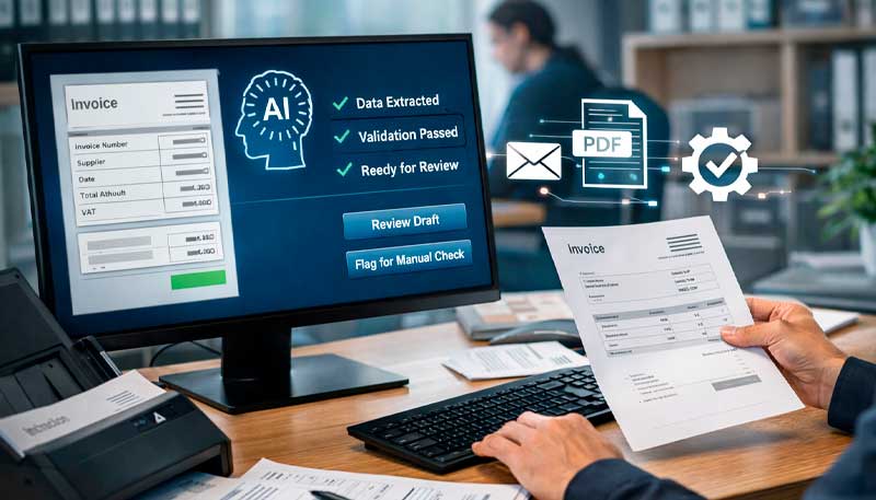 Profesional revisando facturas en un ordenador con un flujo de automatización y validación de datos, en una oficina moderna.